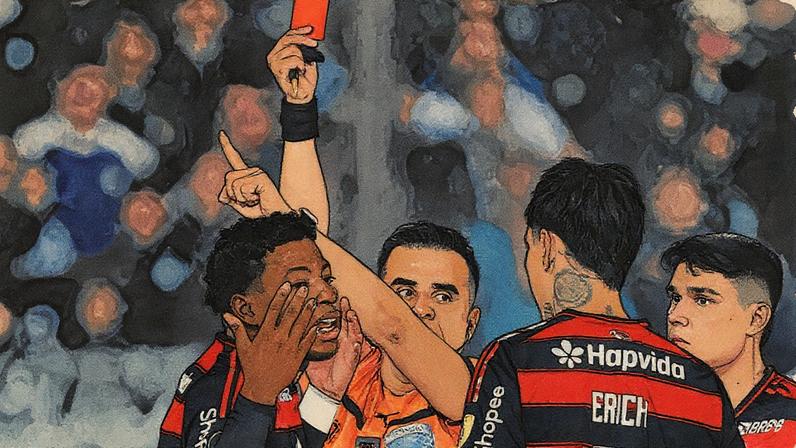 Árbitro expulsa Gonzalo Plata em Racing x Flamengo (Foto: Luis ROBAYO / AFP)