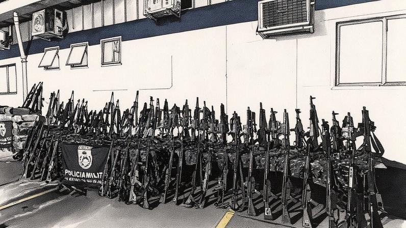 Arsenal apreendido durante operação contra o Comando Vermelho, no Rio de Janeiro (Foto: Divulgação/Secretaria de Segurança Pública Rio de Janeiro)