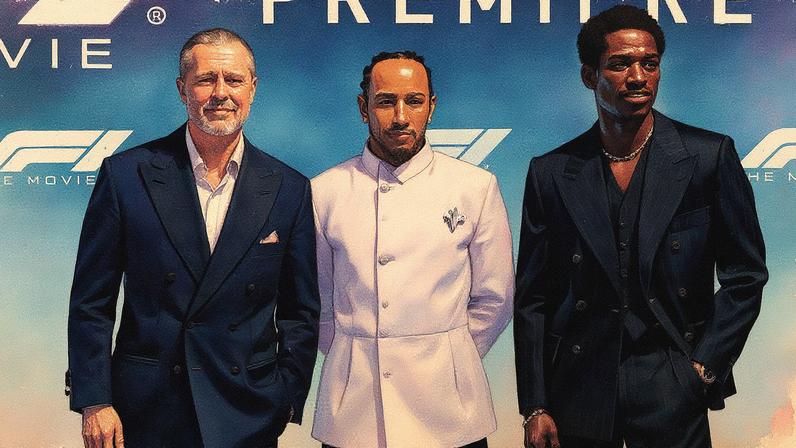 Brad Pitt, Lewis Hamilton e Damson Idris na estreia do filme 'F1' na Times Square, em Nova York (foto: Dimitrios Kambouris / GETTY IMAGES NORTH AMERICA / Getty Images via AFP)