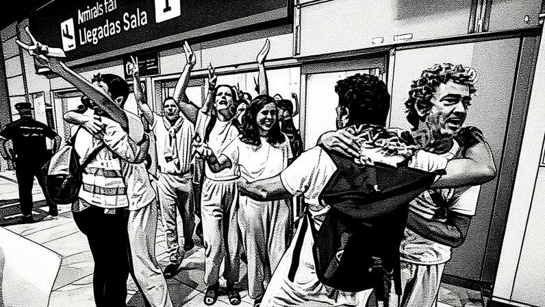 Miembros de la flotilla llegan al aeropuerto de Madrid este domingo. Claudio Alvarez