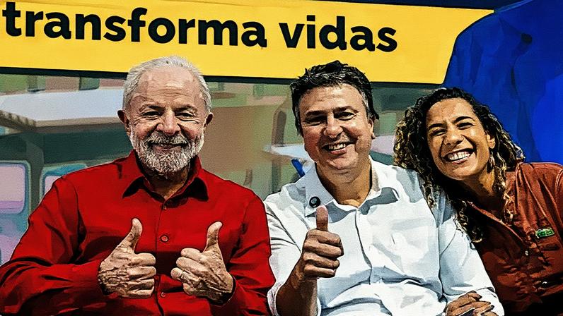Piada com Trump: o presidente Lula, o ministro da Educação, Camilo Santana e a ministra da Igualdade Racial, Anielle Franco, durante evento em comemoração ao dia dos professores. Na ocasião, Lula ironizou a fala de Donald Trump, citando a indústria petroquímica. (Foto: Ricardo Stuckert/PR)