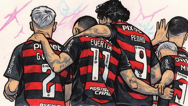 Varela, Cebolinha e Pedro comemoram gol do Flamengo (Foto: Thiago Ribeiro/AGIF)