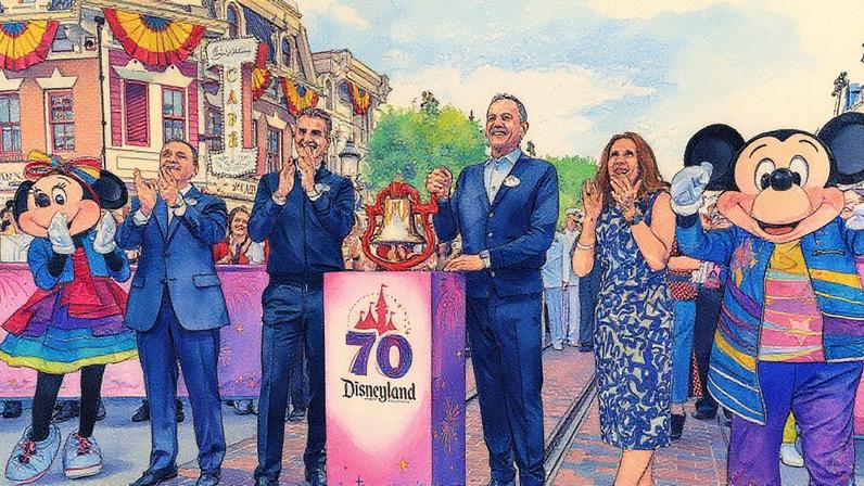 Sucessão na Disney: chefe de parques desponta como potencial substituto de Bob Iger | Josh D'Amaro (à esq. do púlpito) e Bob Iger (à direita): nos últimos meses, executivo tem se comportado como um sucessor natural (Foto: Walt Disney/Divulgação) (Walt Disney/Divulgação)