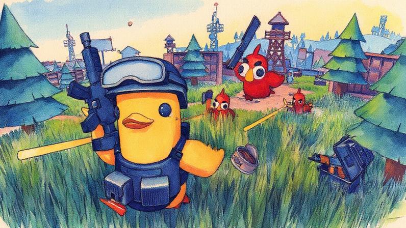 An armored, gun-carrying duck runs from red birds.