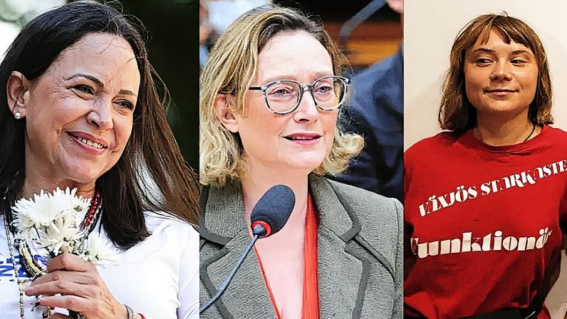 Ideologia: da esquerda para a direita, María Corina Machado, Maria do Rosário e Greta Thunberg. Maria do Rosário critica o fato de que o Nobel da Paz foi dado a Corina, e não a Greta. (Foto: Ronald Peña/EFE; Billy Boss/Câmara dos Deputados; Mohamed Messara/EFE/EPA;)