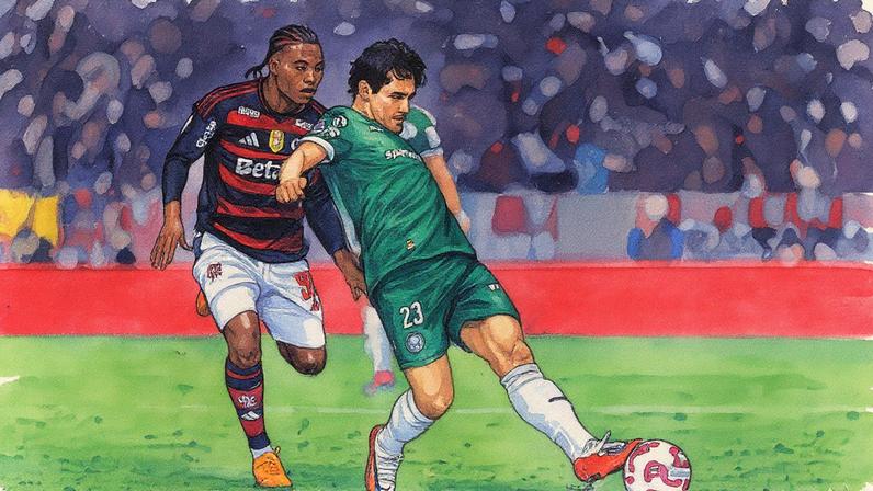 Plata e Veiga disputam bola durante jogo entre Flamengo e Palmeiras pelo Brasileirão (Foto: Thiago Ribeiro/AGIF)