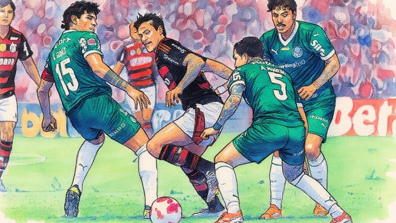 Pedro, do Flamengo, é marcado de perto por jogadores do Palmeiras (Foto: GIlvan de Souza/Flamengo)