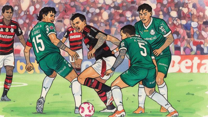 Pedro, do Flamengo, é marcado de perto por jogadores do Palmeiras (Foto: GIlvan de Souza/Flamengo)