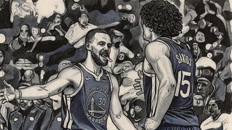 Stephen Curry e Gui Santos na partida entre Warriors e Pelicans na NBA (Foto: Sean Gardner / AFP)