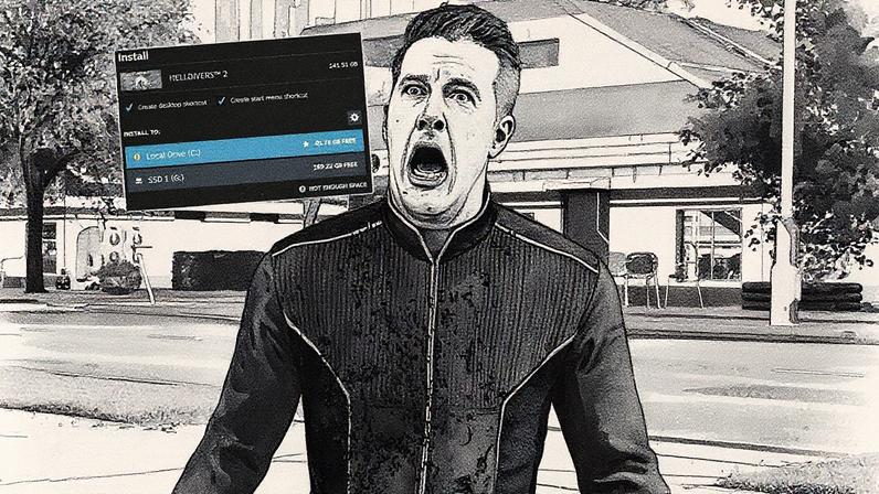 A man screams while the install prompt screen for Helldivers 2 hovers near him.
