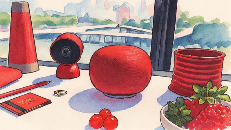 The Google Home Speaker comes in four shades, including this bright berry red, which matches Google’s new Nest Cam.