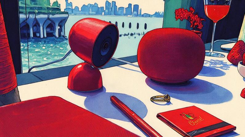 The third-gen wired Google Nest indoor cam comes in a bright berry red that matches Google’s upcoming Google Home Speaker.