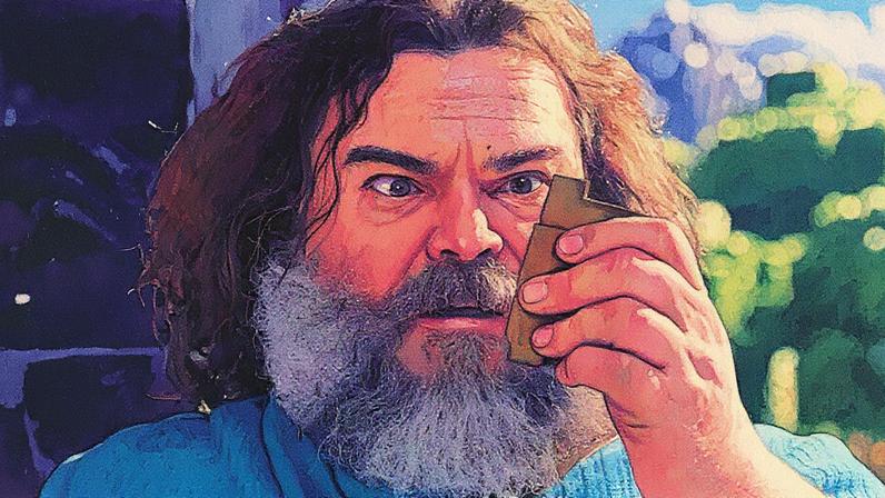 Jack Black stares at a metal thing.