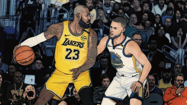 Stephen Curry e LeBron James em jogo entre Warriors e Lakers na NBA (Foto: Michael Owens / AFP)
