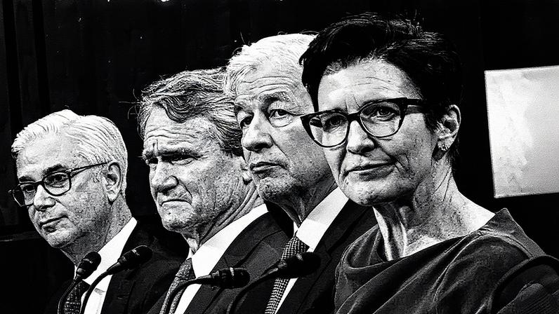 CEOs de gigantes de Wall St acumulam maior poder em seus bancos desde a crise de 2008 | Da esquerda para a direita, Charlie Scharf, Brian Moynihan, Jamie Dimon e Jane Fraser: concentração de poder ocorre em um momento em que os lucros no setor sobem (Foto: Ting Shen/Bloomberg)