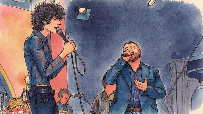 Sombr and Sam Smith perform at Pier 17 in New York on October 9, 2025.