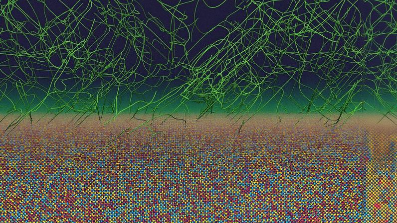 A computer simulation shows metallic alloy where atoms (colored spheres) are arranged in subtle chemical patterns beneath a network of dislocations (green lines). These tangled defects move during processing and help create the nonequilibrium atomic order discovered by the MIT team.