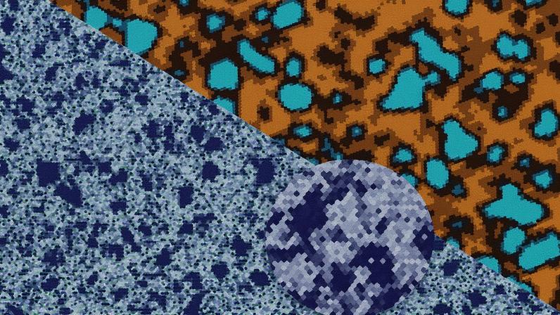 A new 3-D-printed aluminum alloy is stronger than traditional aluminum, due to a key recipe that, when printed, produces aluminum (illustrated in brown) with nanometer scale precipitates (in light blue). The precipitates are arranged in regular, nano-scale patterns (blue and green in circle inset) that impart exceptional strength to the printed alloy.