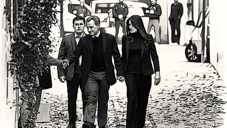 Una persona saluda a Nicolas Sarkozy, acompañado por Carla Bruni, este martes a la salida de su domicilio en París.