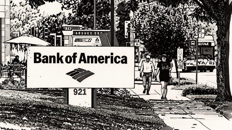 O logotipo do Bank of America exibido em uma placa em frente a um escritório do Bank of America