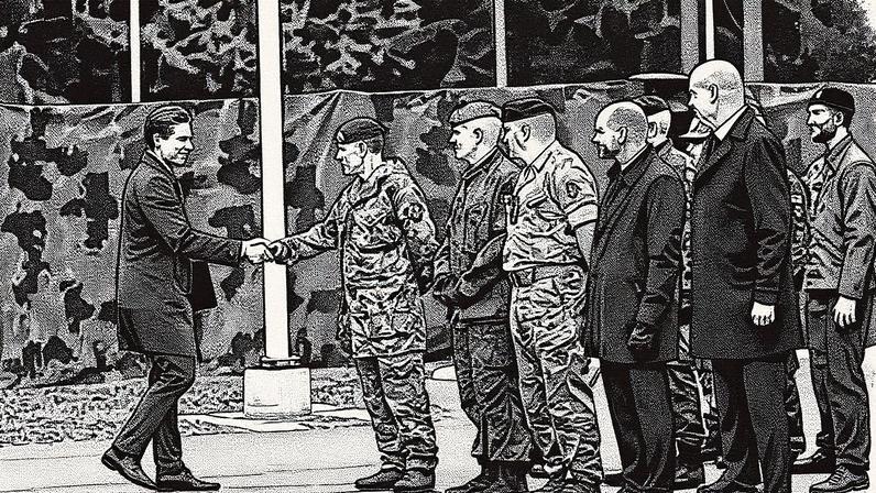 El ministro de Defensa finlandés, Antti Hakkanen, con mandos militares durante la ceremonia de apertura del Comando del Componente Terrestre Norte de la OTAN en Mikkeli (Finlandia) el pasado viernes. Matias Honkamaa (vía REUTERS)