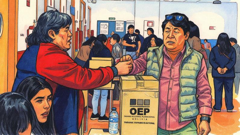 Una mujer boliviana y su hija en un centro de votación en Madrid, este domingo.