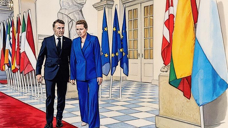 Mette Frederiksen, primera ministra de Dinamarca, da la bienvenida a Emmanuel Macron, presidente de Francia, en la cumbre informal de líderes de la UE en Copenhague. MADS CLAUS RASMUSSEN (EFE)