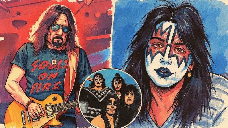 Collage of Ace Frehley performing on guitar, a closeup of Ace Frehley in Kiss makeup, and a circular inset of the full Kiss band.