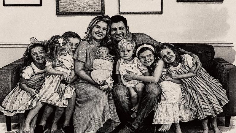 Erin Bates posa com o marido, Chad Paine, e os filhos após parto e internação em estado grave — Foto: Taryn Yager