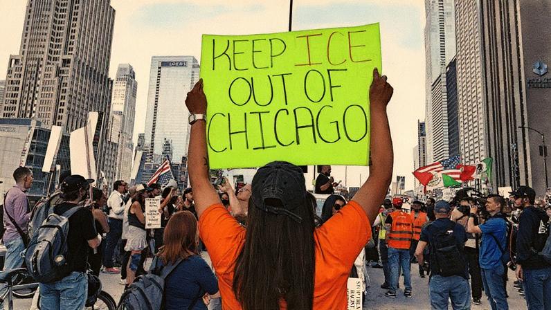 Demonstrators march through downtown Chicago, chanting and waving signs opposing ICE and troop deployment during an emergency protest on September 30, 2025 in Chicago, United States.President Donald Trump proposed sending 100 National Guard troops to Chicago to protect ICE agents.