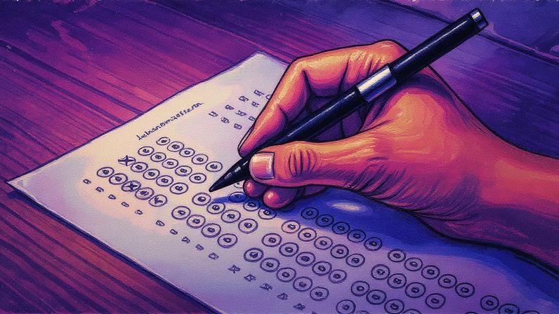 Closeup of hand holding pen and filling out questionary form on table • Freepik