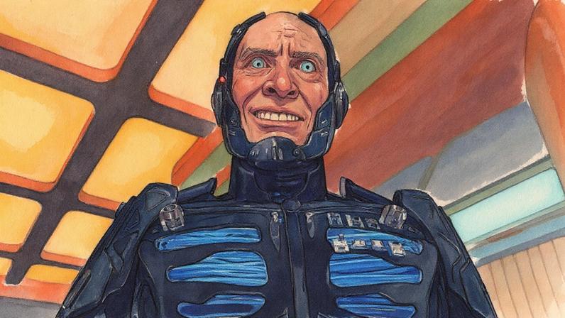 A creepy robot has a human face.