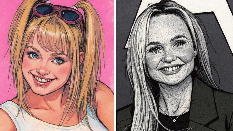 Emma Bunton nos anos 1990 e em 2025 — Foto: Divulgação e Getty Images