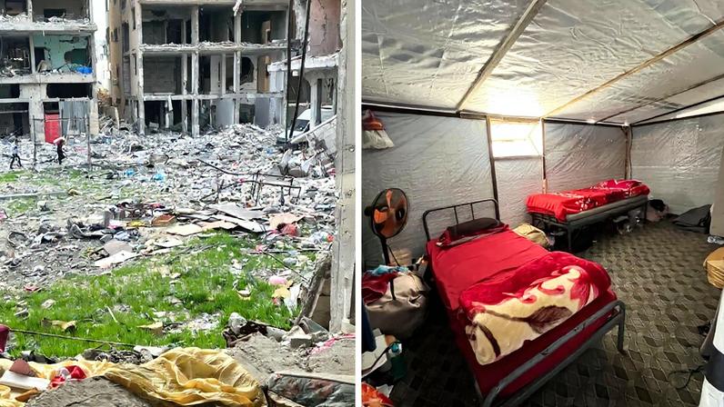 Left: Al-Karama, Leena Majed Yassin's neighbourhood in Gaza, taken during the January 2025 Israel-Hamas ceasefire Right: the tent where Yassin and her family currently live Courtesy of Leena Majed Yassin