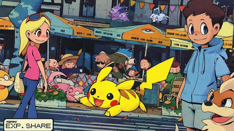 Pikachu running through a street with trainers and Pokemon around.