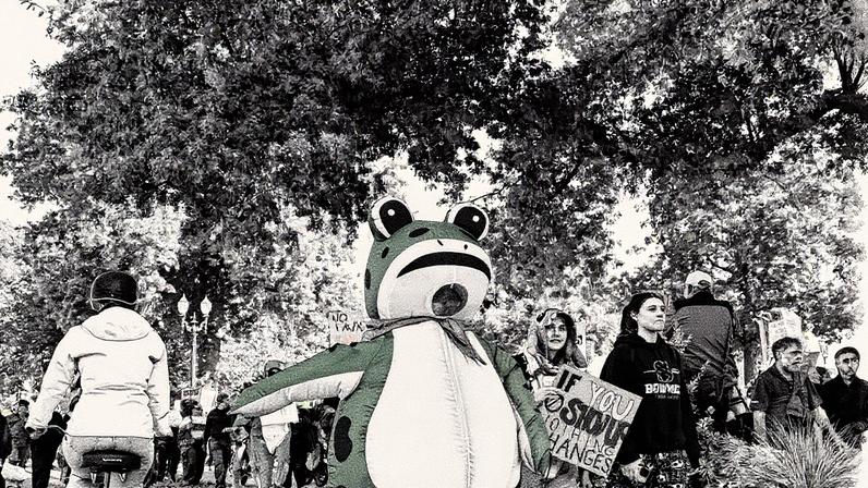 Protesters pose for photos with a trio of inflatable frogs at the October No Kings protest in downtown Portland.