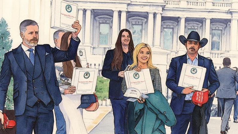 (From L) Political commentator Rogan O’Handley, aka DC Draino, TikToker Chaya Raichik, US conservative activist Scott Presler, commentator Liz Wheeler and US conservative political commentator Chad Prather carry binders bearing the seal of the US Justice Department reading “The Epstein Files: Phase 1” as they walk out of the West Wing of the White House in Washington, DC, on February 27, 2025. (Photo by JIM WATSON/AFP via Getty Images)