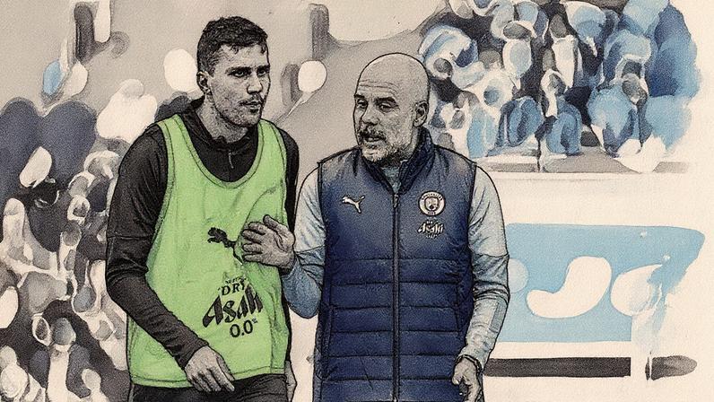 Guardiola e Rodri conversam durante treino do Manchester City — Foto: James Gill - Danehouse/Getty Images