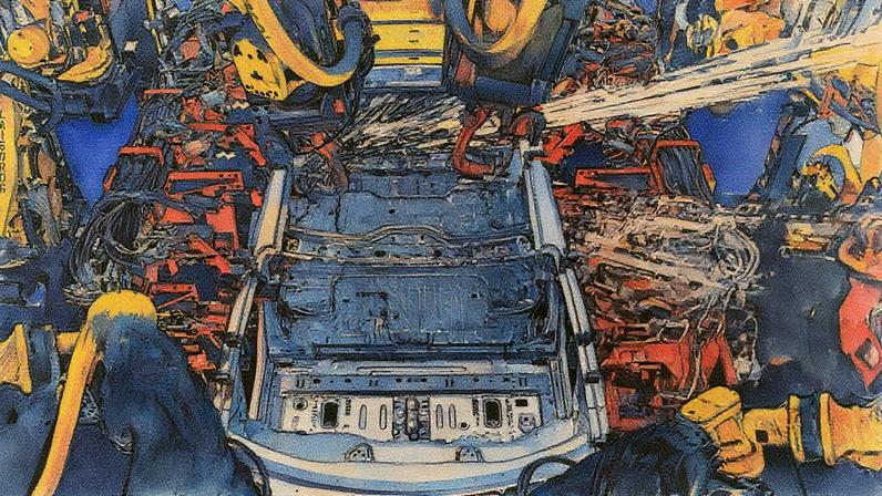 A vehicle is welded by robot arms as it goes through the assembly line at the General Motors Lansing Delta Township Assembly plant in Lansing, Michigan.