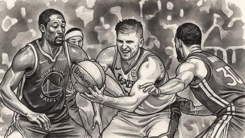 Luka Doncic em disputa contra Curry e Kuminga na NBA (Foto: Harry How/Getty Images/AFP)