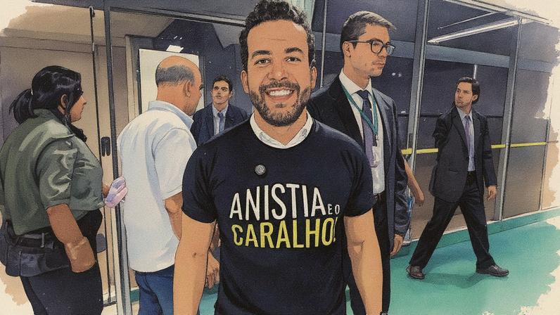 O deputado federal André Janones (Avante-MG) usando uma camiseta contra o projeto de anistia. Foto: Reprodução