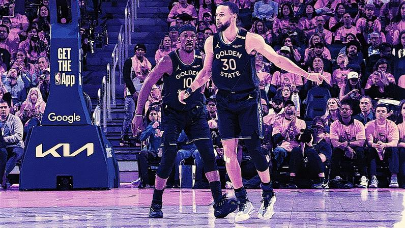 Jimmy Butler e Stephen Curry em jogo entre Warriors e Rockets pelos playoffs da NBA (Foto: Noah Graham/NBAE via Getty Images/AFP)