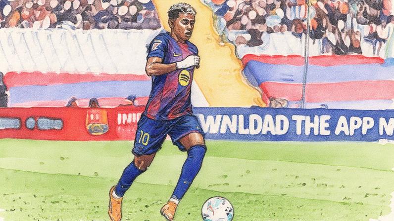 Lamine Yamal domina a bola na partida entre Barcelona e Girona, pea La Liga (Foto: Josep Lago/AFP)