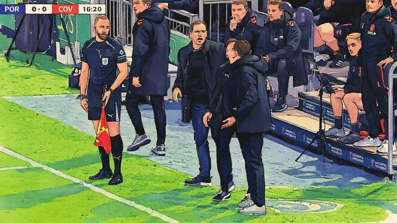 Lampard e John Mousinho discutem em jogo da segunda divisão — Foto: Reprodução/X crtrwisc