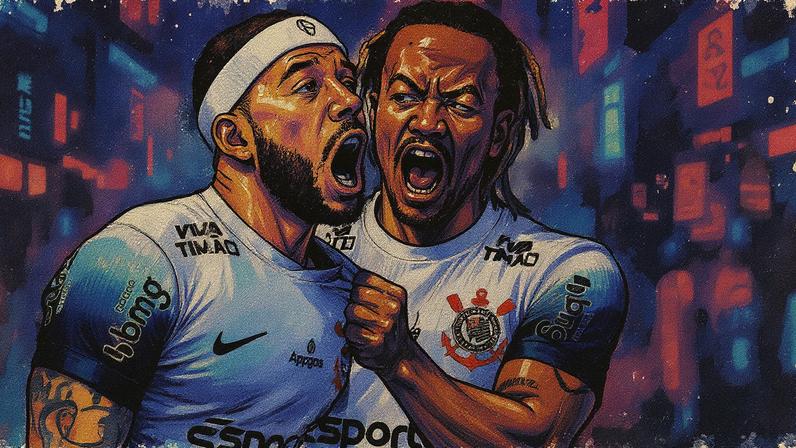 Memphis Depay comemora com Carrillo seu gol no jogo do Corinthians contra o Sport pelo Brasileirão