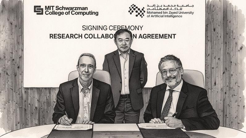 Dan Huttenlocher (left), dean of the MIT Schwarzman College of Computing; Eric Xing (standing), president of MBZUAI; and Sami Haddadin, VP of research at MBZUAI, held a signing ceremony officially launching the MIT-MBZUAI Collaborative Research Program. The new international collaboration will unite faculty and students from both institutions to advance AI and accelerate its use in pressing scientific and societal challenges.