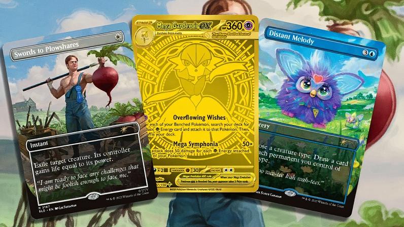 Three cards arranged in a fan. © Wizards of the Coast / The Pokémon Company / Kotaku