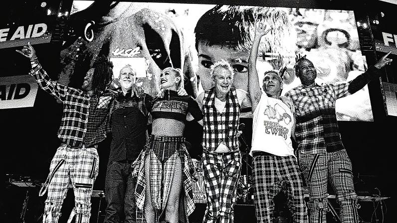 Stephen Bradley, Tom Dumont, Gwen Stefani, Adrian Young, Tony Kanal, and Gabrial McNair of No Doubt at the FIREAID Benefit Concert on Jan. 30, 2025 in Inglewood, CA.