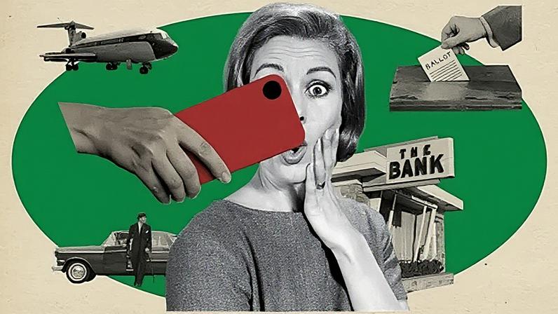 Getty Images A collage of a vintage picture of a woman looking surprised with a red smartphone in front of her, surrounded by a plane, a ballot box, a car and a bank (Credit: Getty Images)