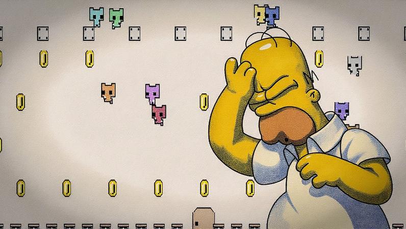 Homer doh's over a Pico Park screenshot.